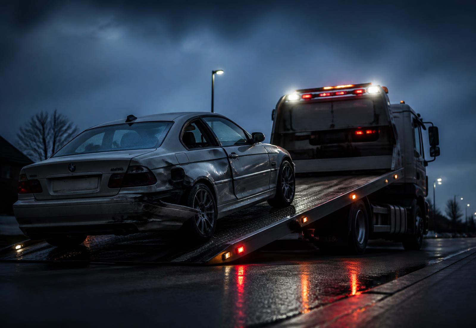 AVS recovery truck loading a damaged car at dusk